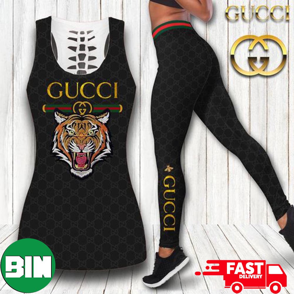 Gucci Black Tiger Logo Tank Top And Leggings Luxury Brand Clothing Outfit  Gym For Women - Binteez