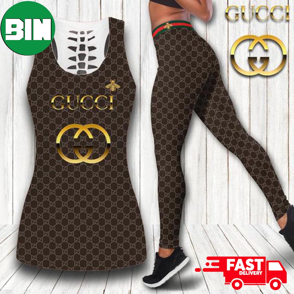 Gucci Brown Bee Tank Top And Leggings Luxury Brand Sport For Women - Binteez