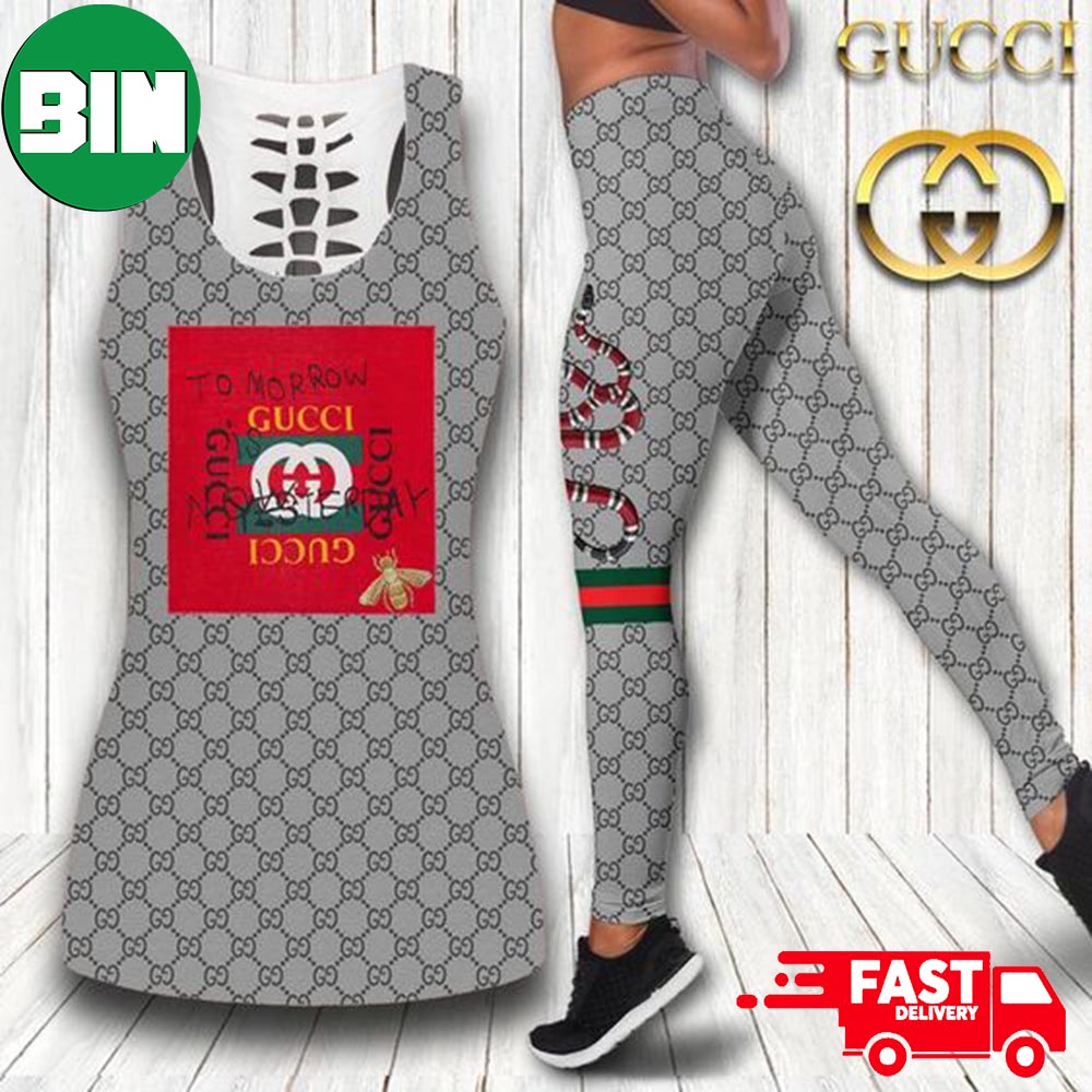 Gucci Grey Snake Tank Top And Leggings Luxury Brand Clothing Outfit Gym For  Women - Binteez