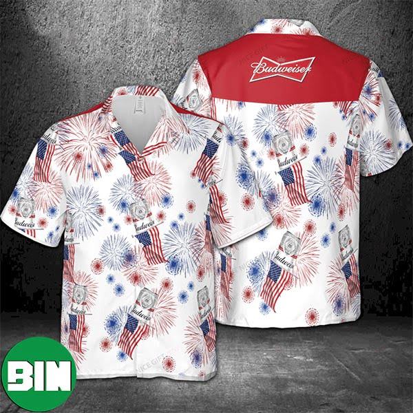 Budweiser American Flag Fireworks Aloha Shirt