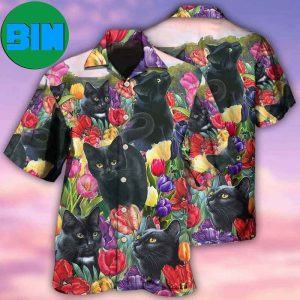Black Cat Love Flowers Colorfull Summer Hawaiian Shirt