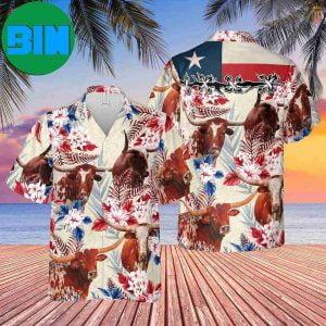 Longhorn Cattle Texas Tropical American Flag Summer Hawaiian Shirt