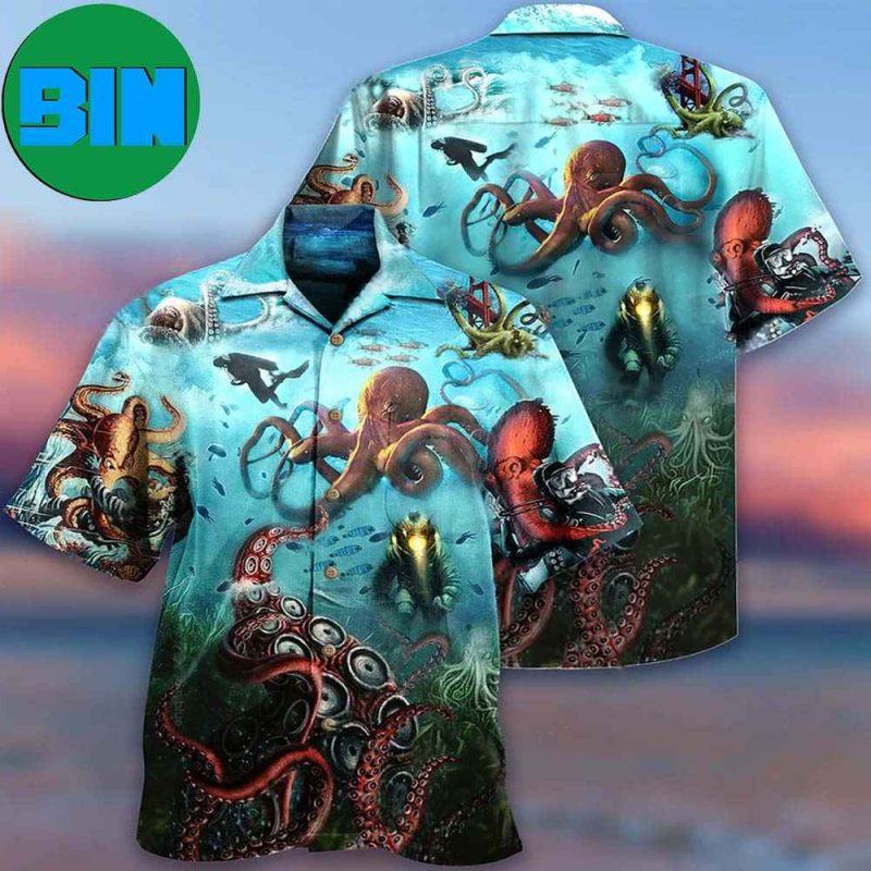 Octopus Giant And Diver Summer Hawaiian Shirt - Binteez