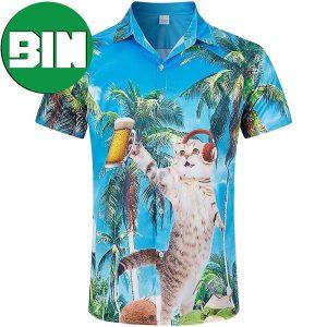 Palm Tree Music Beer Cat Novelty Summer Hawaiian Shirt