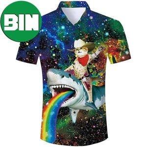 Space Cat Riding Shark Funny Summer Hawaiian Shirt