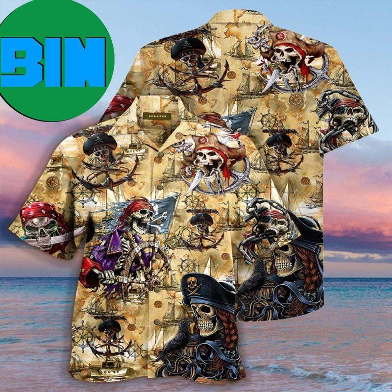 Pirate Print Men's Casual Button Up Short Sleeve Slightly Stretch