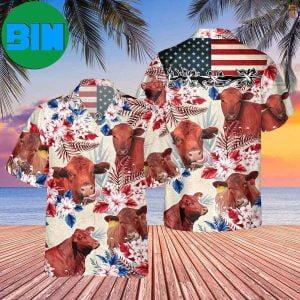 Red Angus Cattle American Flag United States Tropical Summer Hawaiian Shirt