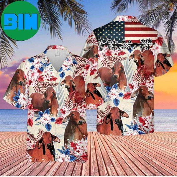 Red Brahman Cattle American Flag Tropical Summer Hawaiian Shirt