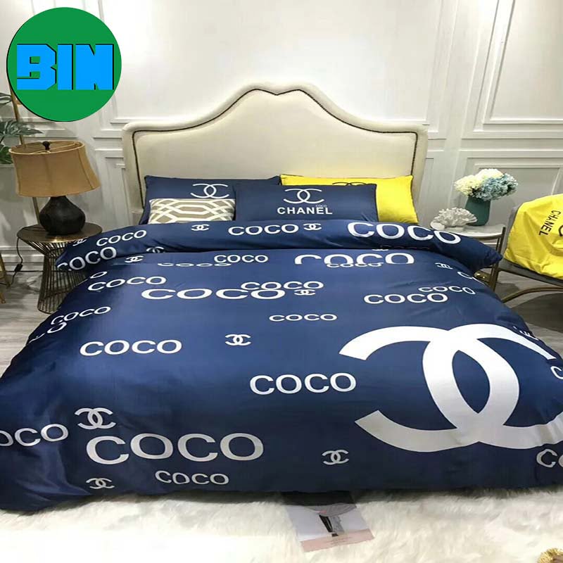 Chanel Coco Logo Blue Luxury Fashion Brand Bedding Set - Binteez