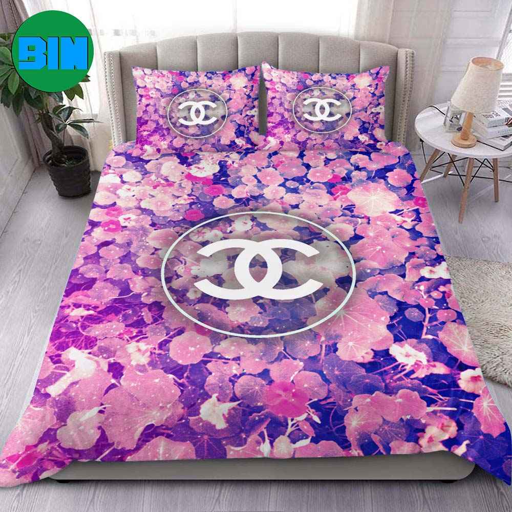 Chanel Flower Metallic Glitter Style Pink Blue Bedding Set - Binteez