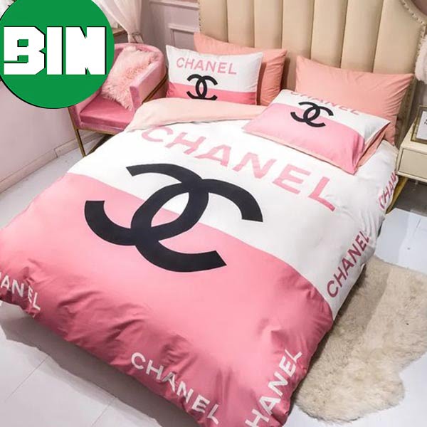 Chanel Logo Pink And White Luxury Brand Bedding Set - Binteez