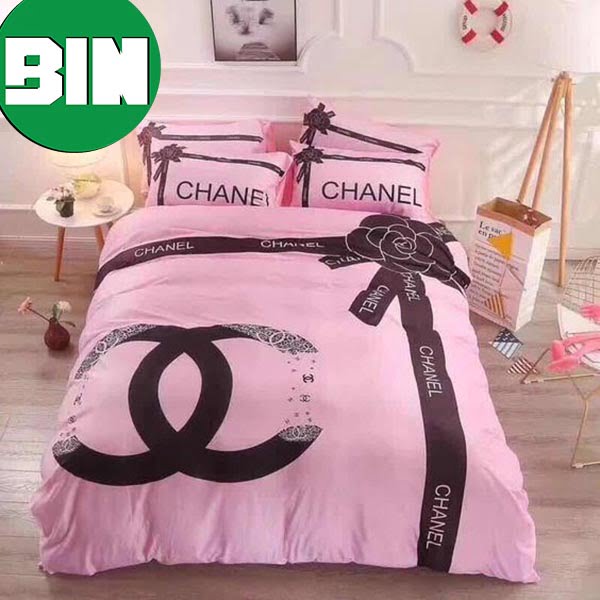 Chanel Logo With Ribbon In Pink Background Bedding Set - Binteez
