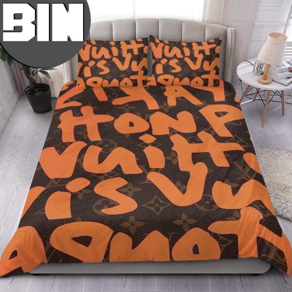 Louis Vuitton Orange Text Logo Pattern Bedding Set