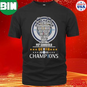 Pep Guardiola Manchester City Team UEFA 2023 Champions Team Member Names Fan Gifts T-Shirt