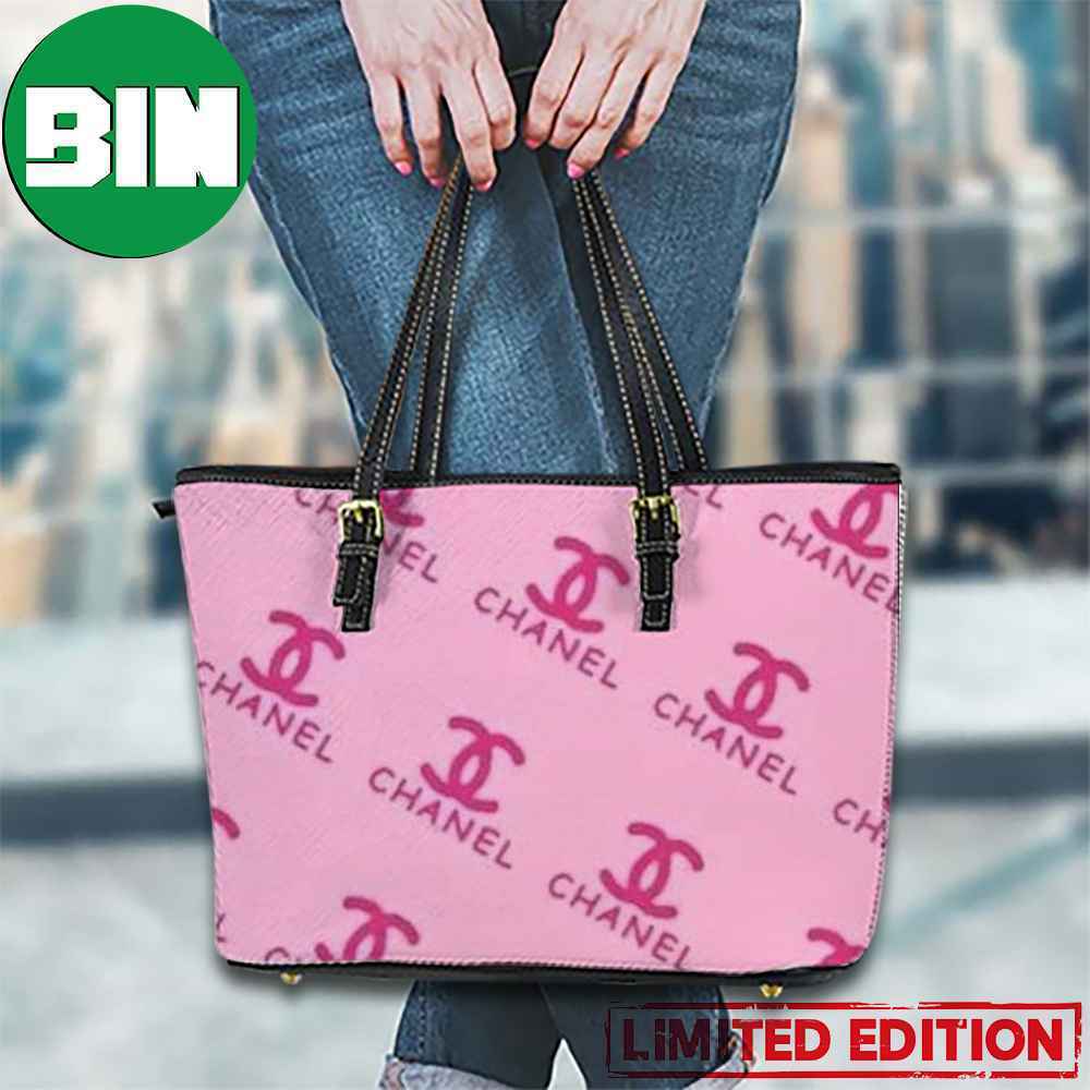 Pink Chanel Logo Background Leather Tote Bag Hot 2023 Leather