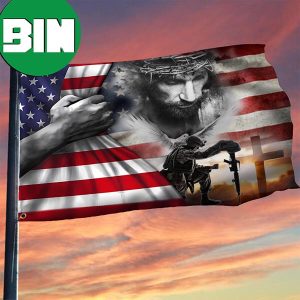 Soldier Kneeling Jesus Flag Inside American Flag Christian Memorial Military Fallen Soldiers 2 Sides Garden House Flag