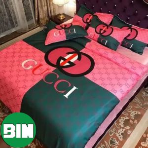 Gucci Logo Luxury Brand Pink And Green Hot 2023 Bedding Set Home Decor