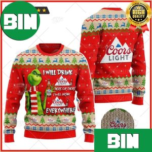 Coors Light Beer Logos Grinch I Will Drink Here Christmas 2023 Coors Light Ugly Sweater