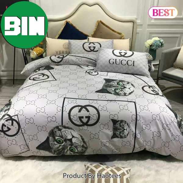 Gucci Cat Luxury Brand High-End White Gucci Bedding Set