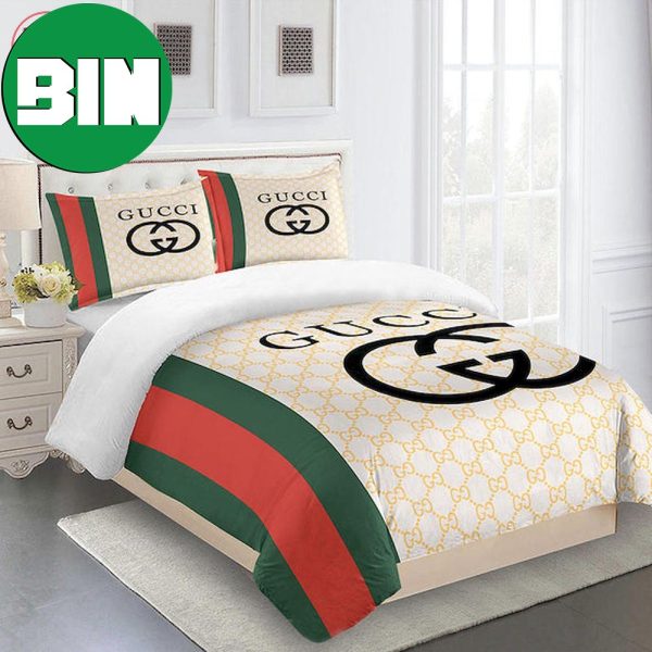 Gucci Set Green Red Beig Bedroom Duvet Cover Luxury Gucci Bedding Set