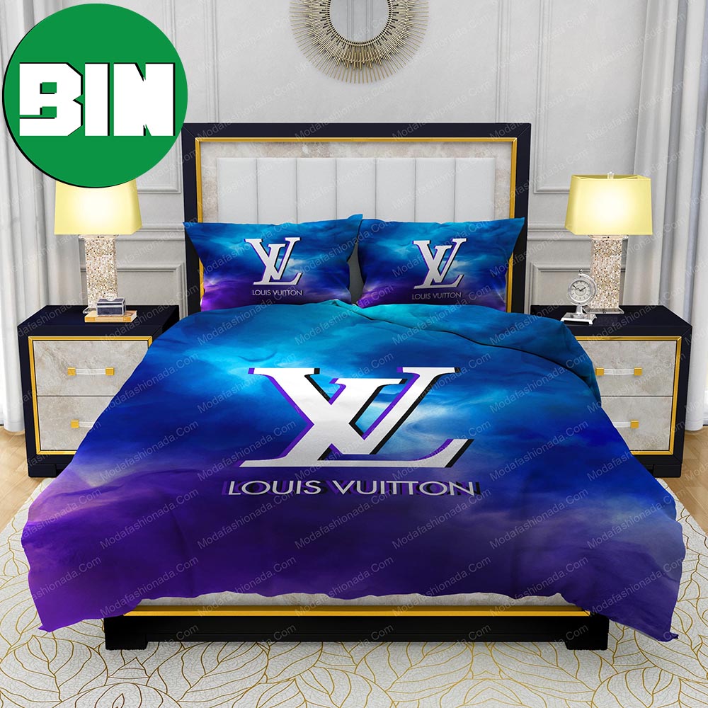 LV Watercolor Blue Background Bedroom Duvet Cover Louis Vuitton Bedding Set  - Binteez