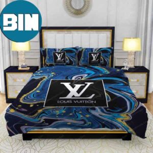 LV With Watercolor Background With Golden Foil Louis Vuitton Bedding Set