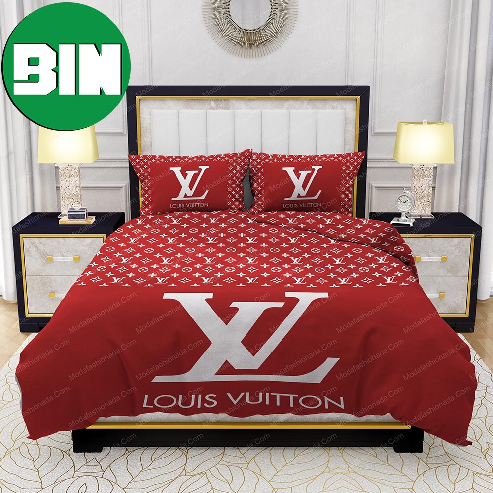 Red Background And White Pattern Bedroom Duvet Cover Louis Vuitton Bedding  Set - Binteez