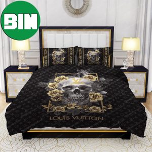 Skull And Yellow Rose Bedroom Duvet Cover Louis Vuitton Bedding Set