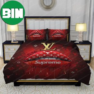 Supreme Lips with Louis Vuitton Red Background Bedroom Duvet Cover Louis Vuitton Bedding Set