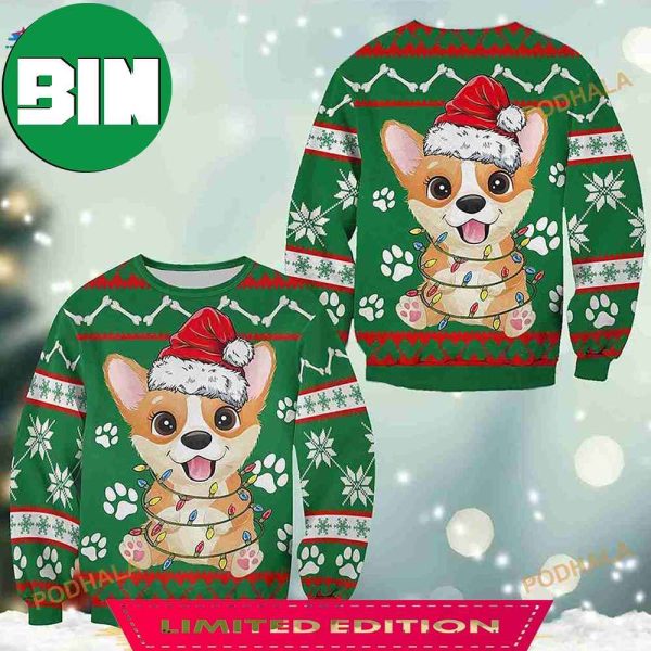 3D Corgi Green Pattern Christmas Funny Ugly Sweater