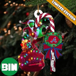 Atlanta Braves MLB Custom Name Grinch Candy Cane Tree Decorations Xmas 2023 Gift Christmas Ornament