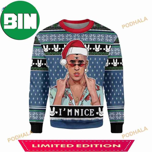 Bad Bunny I’m Nice Snowflakes And Bunny Logo Christmas Gift 2023 Best Ugly Sweater