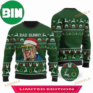 Bad Bunny Snowflakes And Deer Green Pattern Holiday Gift 2023 Ugly Sweater