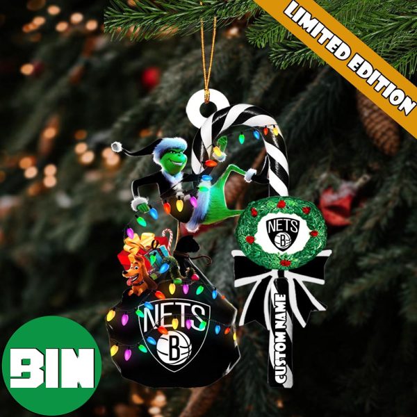 Brooklyn Nets NBA Custom Name Grinch Candy Cane Tree Decorations Christmas 2023 Ornament