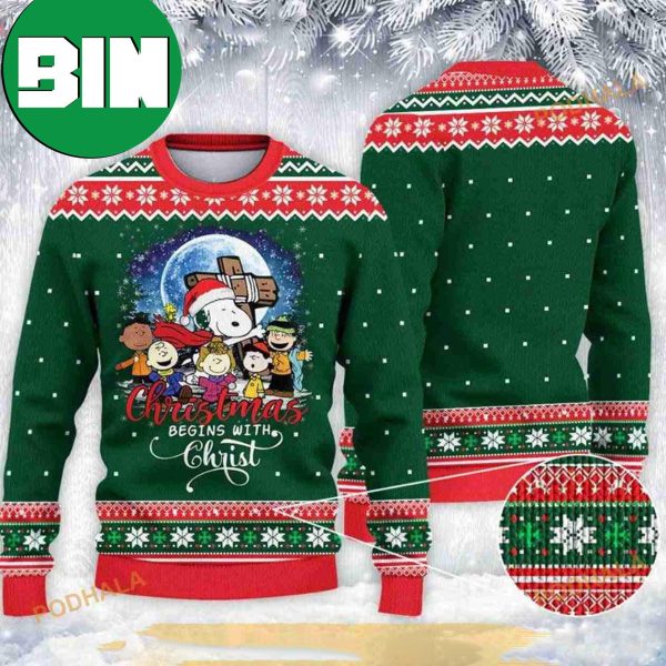 Christmas Begins With Christ Snoopy Knitted Christmas Funny Ugly Sweater