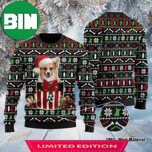 Christmas Patterns And Lovely Corgi In The Box 3D Funny Ugly Sweater