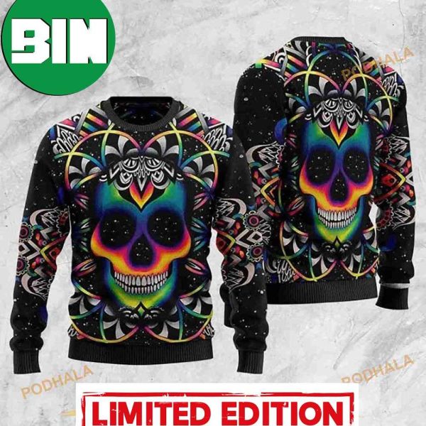 Colorful Holographic Skull Ugly Christmas Sweater