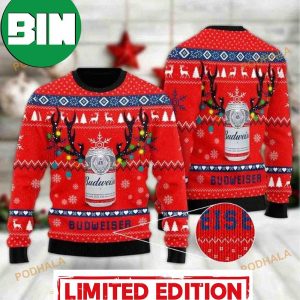 Deer Budweiser Xmas 2023 Red Reindeer Pattern Ugly Sweater