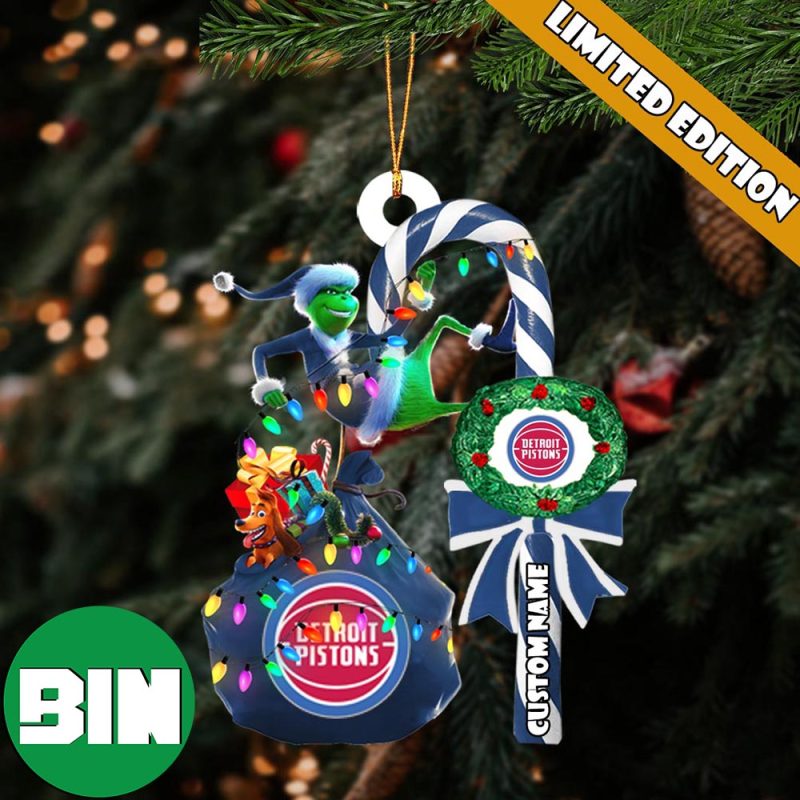 Detroit Pistons NBA Custom Name Grinch Candy Cane Tree Decorations