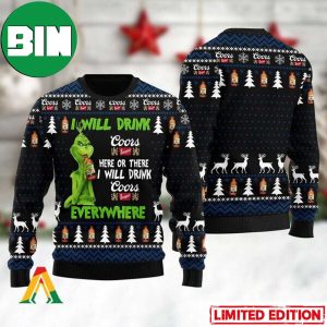 Grinch I Will Drink Coors Banquet Everywhere Ugly Christmas Sweater