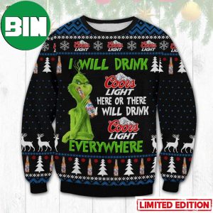 Grinch I Will Drink Coors Light Everywhere Ugly Christmas Sweater