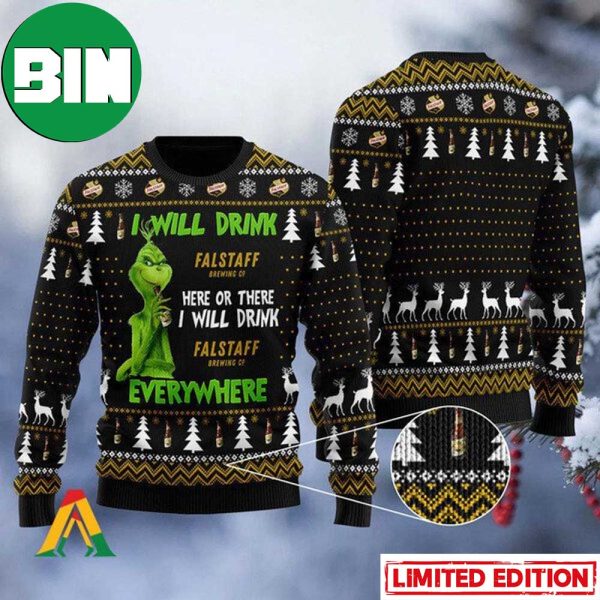 Grinch I Will Drink Falstaff Everywhere Ugly Christmas Sweater