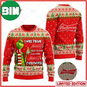 Grinch I Will Drink Here Or There Budweiser Beer Ugly Christmas Holiday Sweater