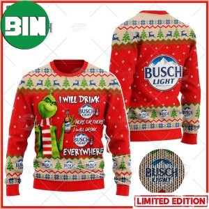 Grinch I Will Drink Here Or There Busch Light Beer Ugly Christmas Holiday Sweater
