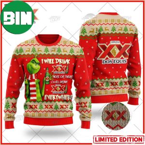 Grinch I Will Drink Here Or There Dos Equis Beer Ugly Christmas Holiday Sweater