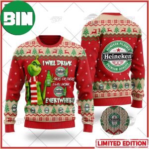 Grinch I Will Drink Here Or There Heineken Beer Ugly Christmas Holiday Sweater