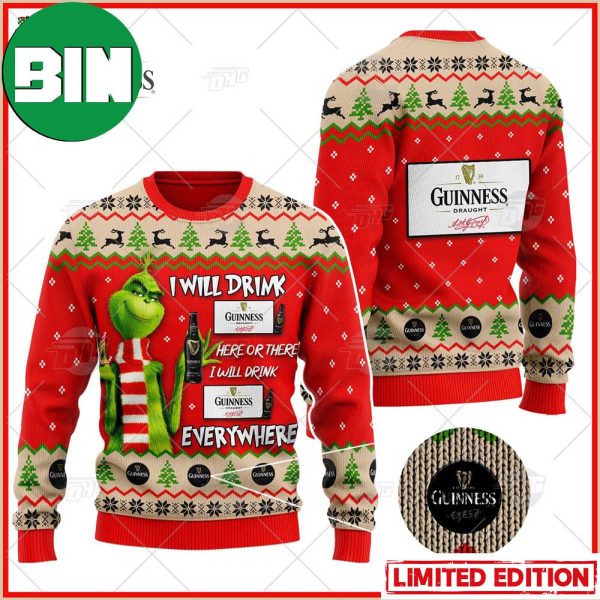 Grinch I Will Drink Here Or There I Will Drink Everywhere Guinness Beer Ugly Christmas Holiday Sweater
