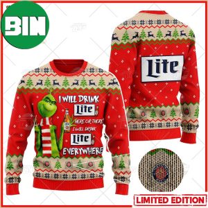 Grinch I Will Drink Here Or There Miller Lite Beer Ugly Christmas Holiday Sweater