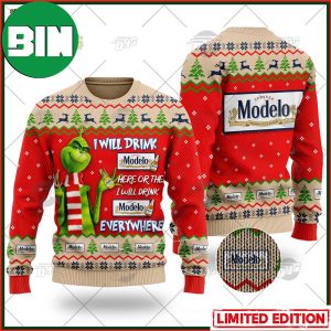 Grinch I Will Drink Here Or There Modelo Especial Beer Ugly Christmas Holiday Sweater