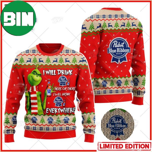 Grinch I Will Drink Here Or There Pabst Blue Ribbon Beer Ugly Christmas Holiday Sweater